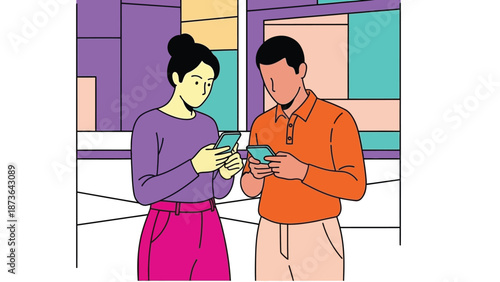 Modern individuals engrossed in their mobile devices, showcasing digital interaction and