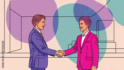 Professional individuals forming an agreement with a firm handshake in a vibrant pop art style