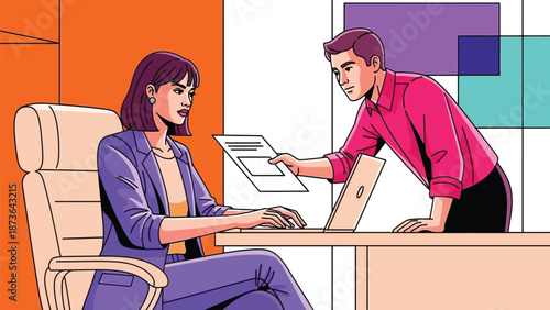 Vibrant graphic illustration of dedicated business colleagues exchanging vital documents in an