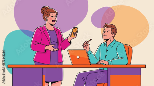 Dynamic professional collaboration in a vibrant office setting using digital communication tools