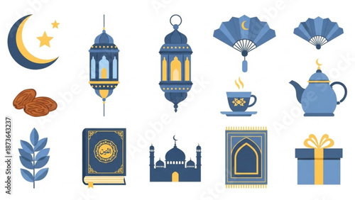 Ramadan kareem islamic symbols and objects collection including lanterns crescent moon dates