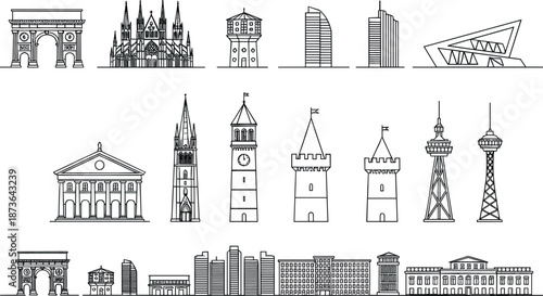 Vector set of black and white thin line icons featuring world landmarks, city skyscrapers, historical cathedrals, modern architecture, and urban building silhouettes for travel design.