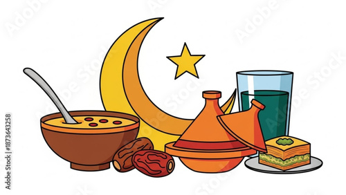 Illustration of traditional ramadan food and drink with crescent moon and star