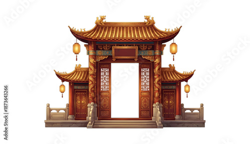 Vector icon illustration : traditional ancient Chinese gateway, paifang archway, hanging lanterns - Chinese New Year Lunar celebration, cultural entrance, historical architecture, Beijing China travel