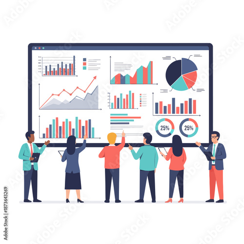 Business team analyzing financial charts and data on large presentation screen