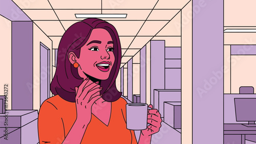 Vibrant illustration of a cheerful woman enjoying a coffee break in a modern office environment