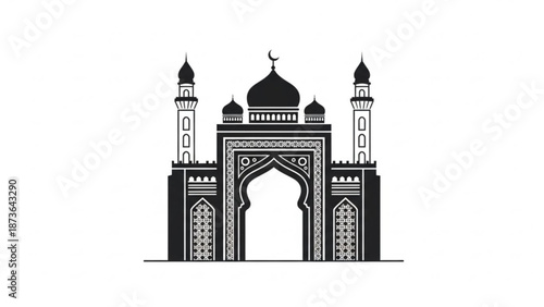 Islamic mosque architecture with minarets and domes in black and white