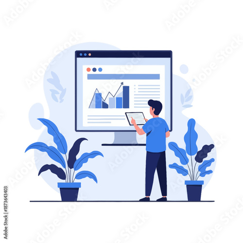Man analyzing financial data on tablet and computer screen with charts