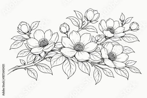 Detailed floral branch vignette in clean line art style ideal for logos stationery corner ornaments and black and white prints in scalable vector format