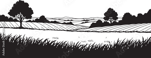 Serene black and white landscape with rolling hills trees