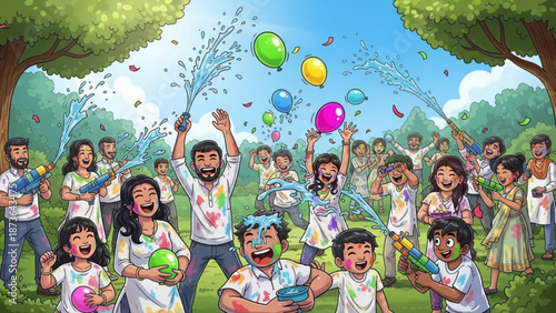 A joyful diverse group of people celebrating holi with colorful powder and water balloons