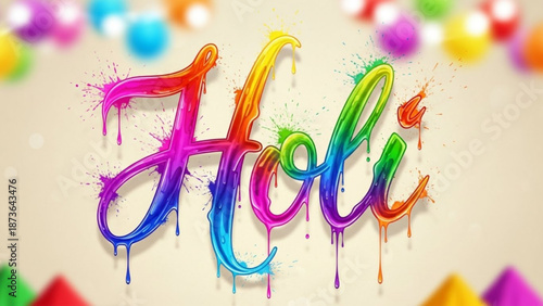 Vibrant holi celebration with rainbow colored paint splatter typography on light background