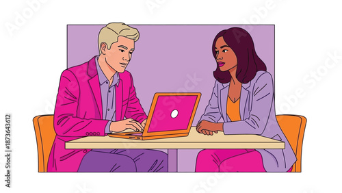 Professional colleagues collaborating on a digital project with vibrant colors illustrating modern