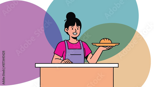 Friendly server offering freshly baked bread creating a welcoming and warm atmosphere for customers