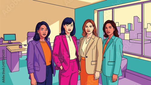 Confident multi-ethnic businesswomen in vibrant attire standing together in a dynamic professional