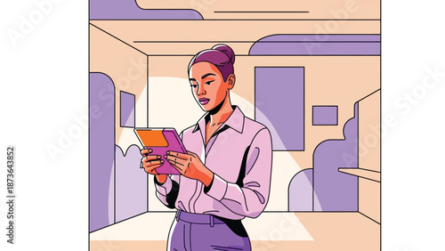 Focused professional navigating digital content on a tablet within a sleek, minimalist interior