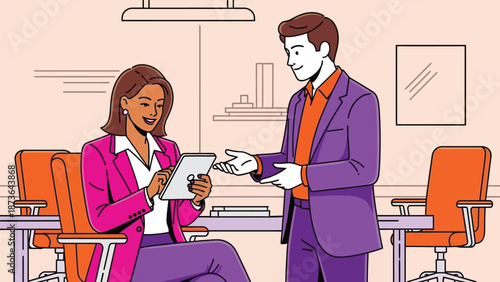 Engaged business professionals collaborate using digital tablet for project discussion in