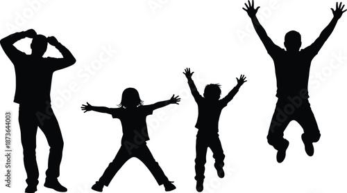 Black silhouettes set of diverse families with kids, successful business teams, playful school children, travelers with umbrellas, and fashion handbags.