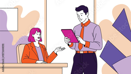 Dynamic office interaction showcasing two professionals collaborating on a project with a tablet