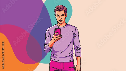 Contemporary graphic art depicting a focused man engaging with his mobile phone against a vibrant