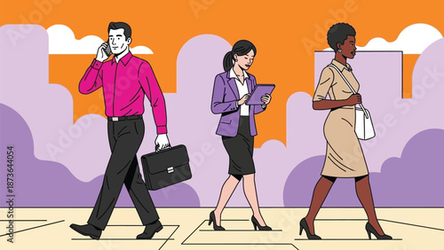 Dynamic illustration of diverse professionals commuting through a modern urban landscape with