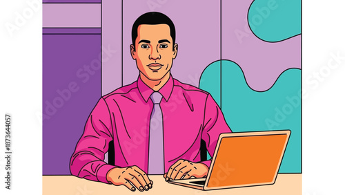 Professional man working remotely with modern laptop against vibrant abstract background