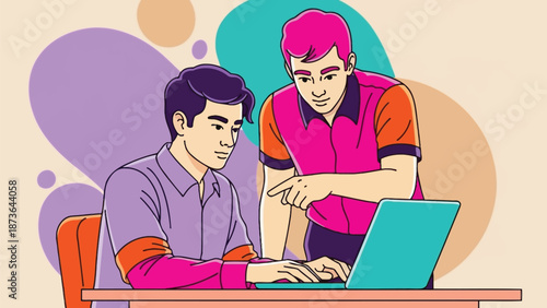 Dynamic illustration depicting two men engaged in digital collaboration and mentorship on a laptop