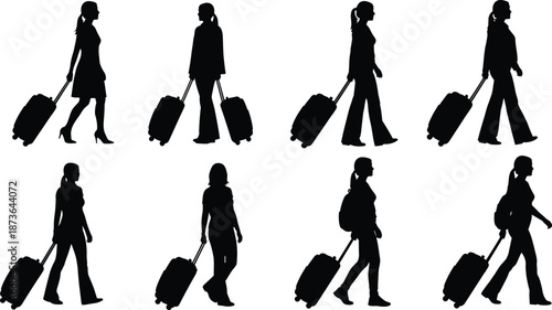 Black silhouettes set of diverse families with children, successful business teams, playful kids, travelers with umbrellas, and fashion handbags isolated.