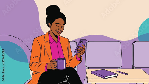 Professional Black woman happily engaging with smartphone and warm beverage in a contemporary