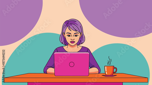 Dynamic illustration of a thoughtful individual navigating digital content on a laptop with a warm