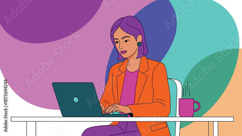 Focused professional woman working remotely with a laptop in a vibrant, artistic home office