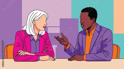 Two professionals having an animated discussion in a modern, colorful vector illustration