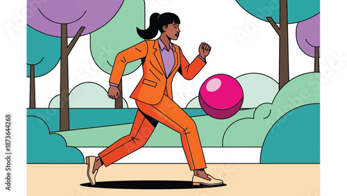 Vibrant illustration of a dynamic businesswoman in an orange suit actively engaging with a pink