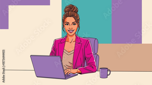 Smiling businesswoman engaged in productive remote work at her modern digital desk setup