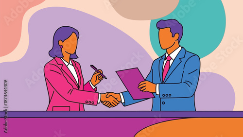 Dynamic illustration of a successful business collaboration, two professionals sealing a deal with