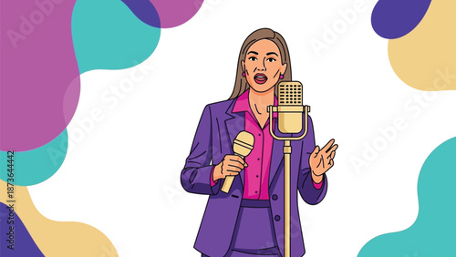 Dynamic female speaker presenting with enthusiasm and clarity into a microphone against an