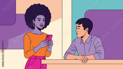 Contemporary digital interaction: woman focused on phone, man observes, reflecting modern social