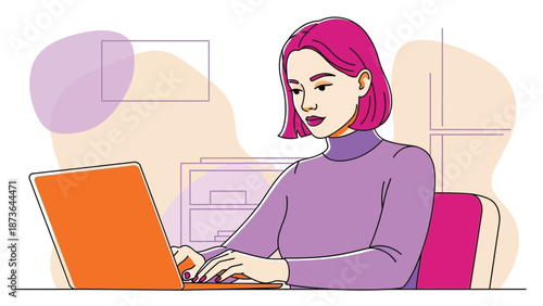 Young professional woman with vibrant hair diligently working on her laptop at a modern desk