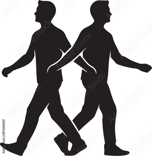 Two men walking together in sync side by side