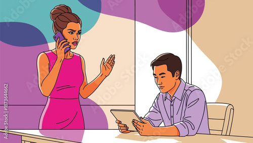 Interpersonal dynamics at work: a stressed woman on phone, a man immersed in digital task