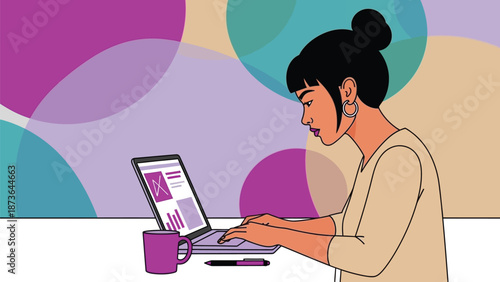 Vibrant digital illustration depicting a focused woman engaging with a laptop for remote work