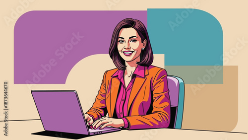 A vibrant illustration of a happy professional woman working diligently on her laptop at a