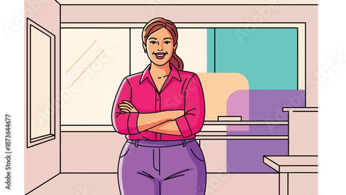 Confident female professional with a warm smile posing in a brightly lit office space