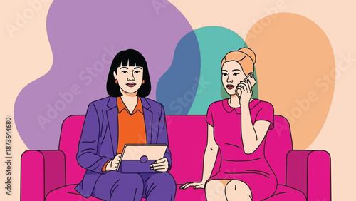 Contemporary female professionals engaging in digital and telephonic communication on a modern