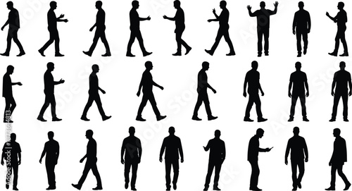 Black silhouettes set of diverse families, successful business teams, playful children, travelers with umbrellas, and casual people on white background.