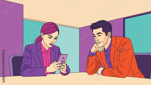 Vibrant illustration of business professionals interacting with mobile technology in a modern