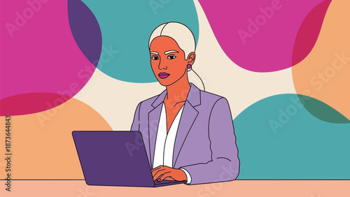 Vibrant illustration of a modern woman diligently engaging with her laptop in a contemporary