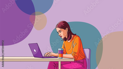 Dedicated young professional intently working on her laptop in a contemporary, abstract digital