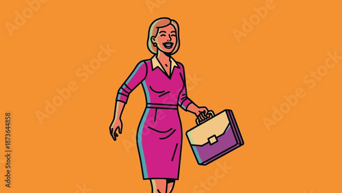 Dynamic illustration of a confident smiling businesswoman holding her briefcase ready for success
