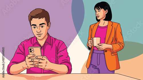 Modern digital interaction illustrating device absorption, a man engrossed in his smartphone while